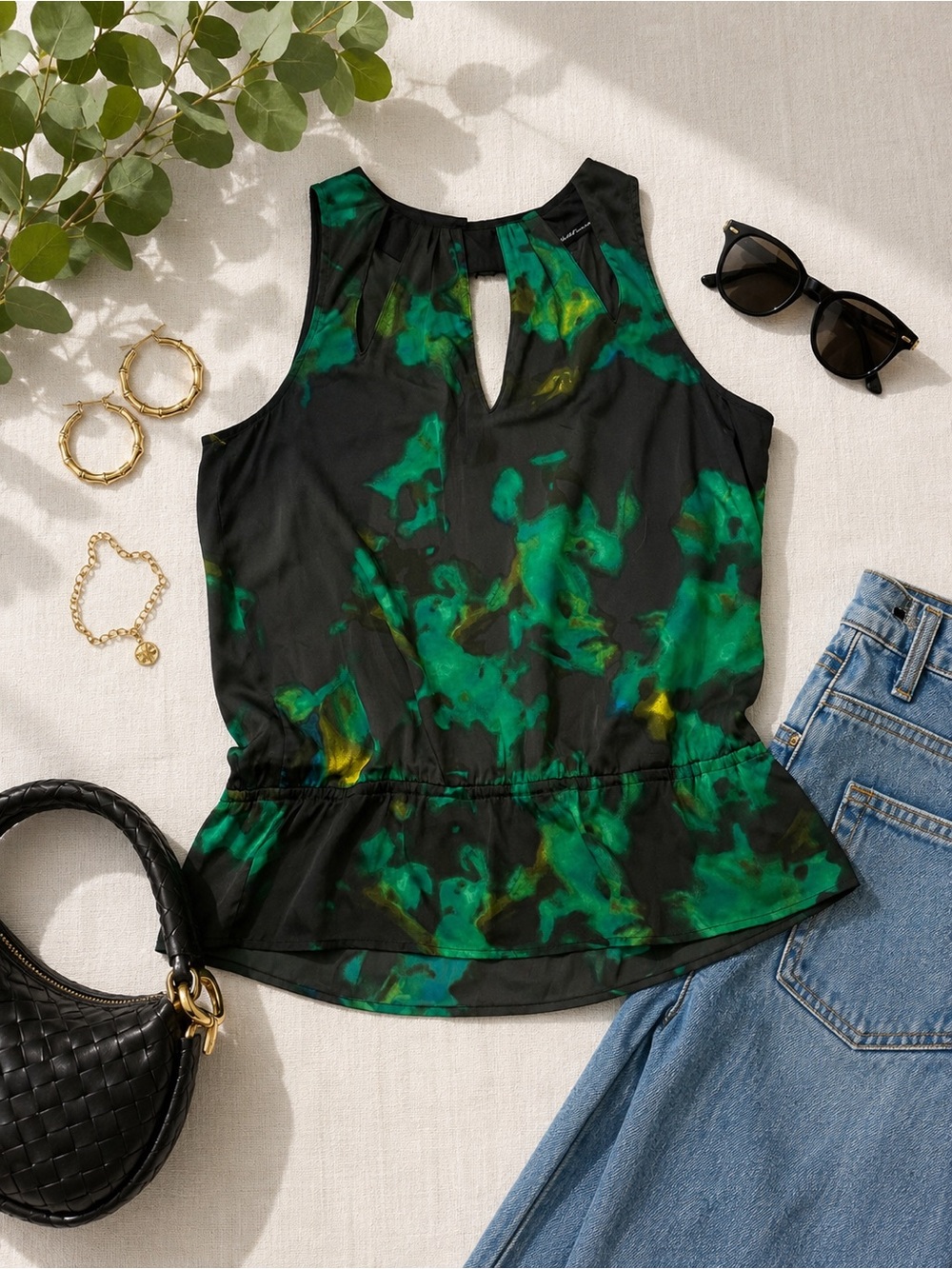 Kenneth Cole Black Sleeveless Top with Green and Yellow Watercolor Print